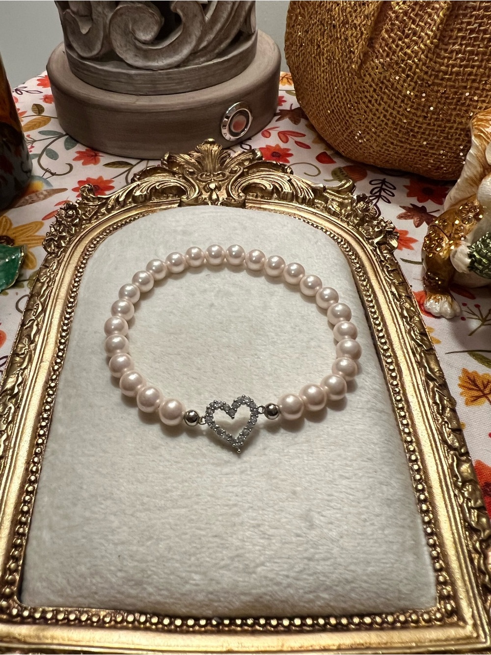 Delicate Pink Pearl Bracelet with Heart Accent